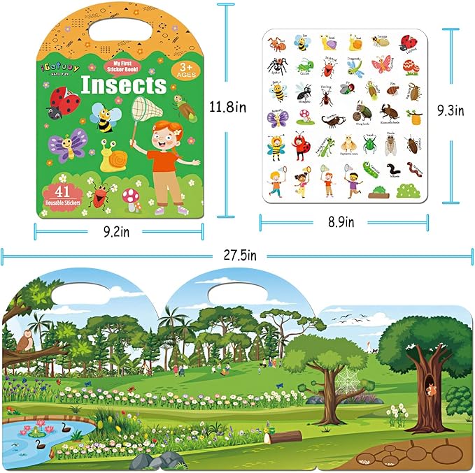 Reusable Toddler Sticker Books, Waterproof Stickers, Travel Essentials with Insect Theme