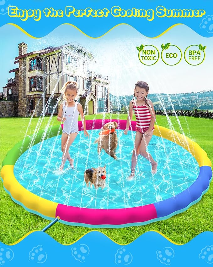 Splash Pad, 97 Inch Splash Sprinkler Pad for Kids Dogs Thickened Durable Dog Pool Bath Pool Pet Summer Outdoor Water Toys, Colorful