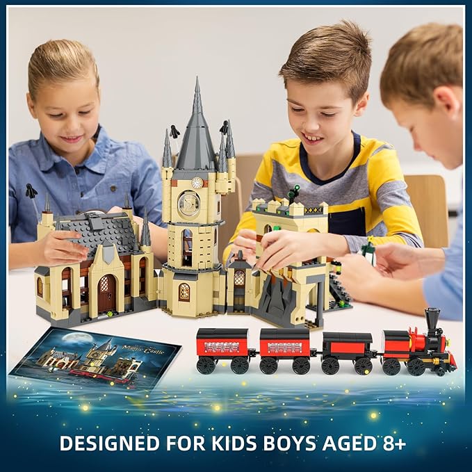 Castle Clock Architecture Building Set with Lighting, Train Building Toy Gift Ideas for Boys Kids Aged 8-14, Compatible with Lego Set, Castle Architecture Model for Adult and Movie Fans (868 PCS)