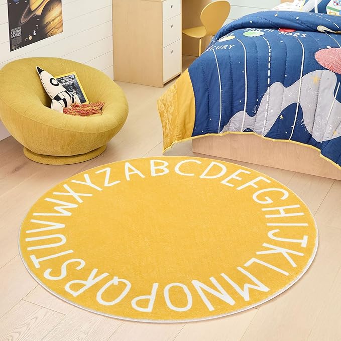 Topotdor Round Kids Play Rug Alphabet Nursery Area Rug Extra Large Soft Crawling Play Mat for Children Toddlers Bedroom (63 inch, Yellow)