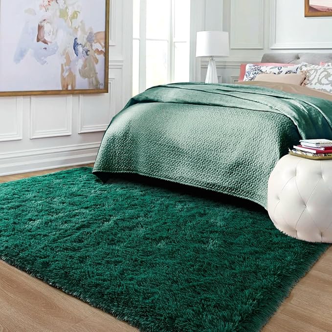 Ompaa Dark Green Rug 6x9 Fluffy Emerald Area Rugs for Bedroom Living Room Carpet, Non-Slip High Pile, Modern Fuzzy Shaggy Deep Grass Green Rug for Classroom Kids Playroom Nursery Home Office Decor
