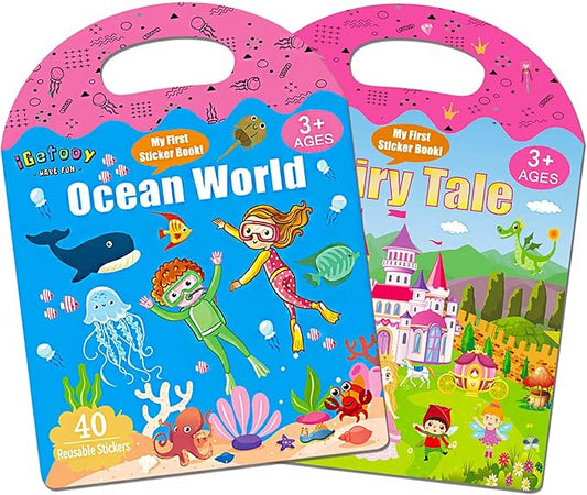 Reusable Sticker Books for Toddlers 1-3, Stickers for Kids, Reusable Stickers for Toddlers 2-4 Years, Airplane Train Car Travel Essentials Toy for Kids Girls Boys (Fairy Tale+Ocean World)