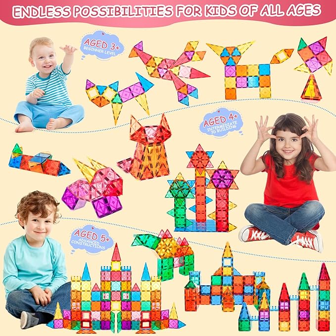 Magnetic Tiles Building Blocks, 108 PCS Magnetic Blocks Buliding Tiles Set, Magnetic Building Blocks with 2 Cars, Preschool Educational Magnetic Toys Stem Toys for Kids 3, 4-8