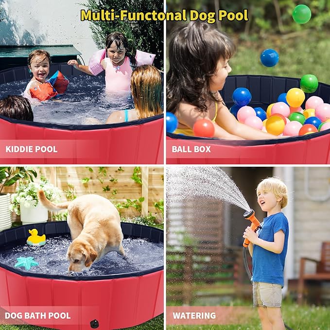 Foldable Dog Pool, 87" x 14" Large Kiddie Pool with Hard Plastic, Non-Slip Dog Bath Tub for Outdoor Backyard, Collapsible Dog Swimming Pool for Kids Dogs Pets (Red)