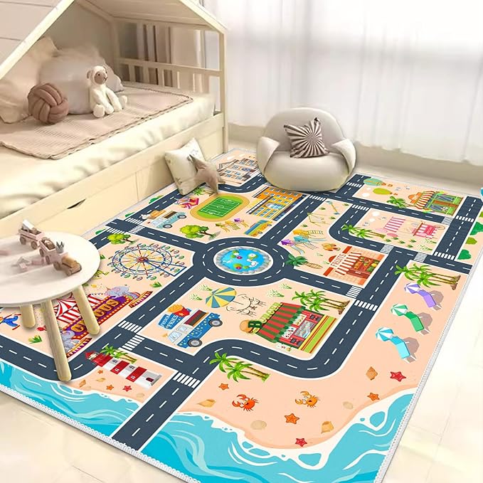 Kids Carpet Playmat Car Rug, Car Rug for Kids Toy Cars and Train, Non Slip Play Mat for Playroom Kids Room, City Life Educational Road Traffic Carpet for Classroom Nursery(Yellow,47×71in)