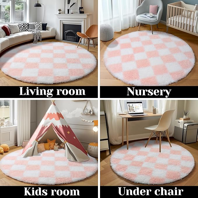 KICMOR Pink Round Rug 4ft for Girls Bedroom, Fluffy Soft Circle Area Rug Cute Small Living Room Carpet, Indoor Fuzzy Shag Shaggy Checkered Circular Rugs for Kids Room Nursery Home Decor Aesthetic