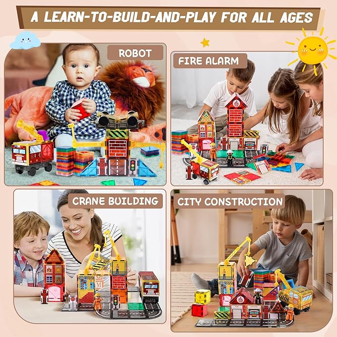Magnetic Tiles Road Set with 2 Cranes & Double-Sided Magnet Tiles,Boys Toys for Ages 3-5 5-7 8-12,STEM Magnetic Building Construction Toys Include Car,Stations,Dolls,Roads,Signs,Gifts for 3+ Kids