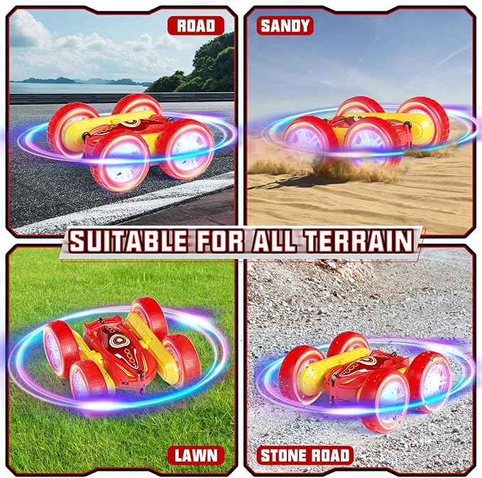 RC Stunt Cars, Gesture Sensor Remote Control Car, 4WD Remote Control Monster Trucks, 2.4Ghz RC Rock Crawler with Headlights Wheel Lights, Double Sided 360° Flips RC Car Toys for Kids Boys Girls (Red)