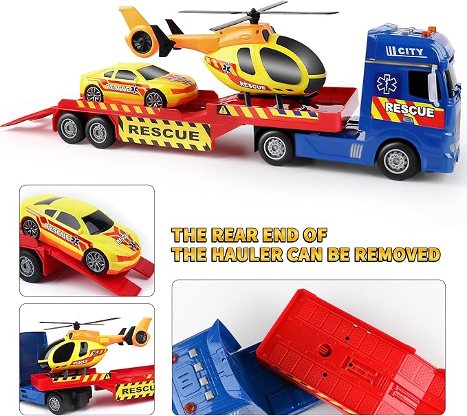 Dwi Dowellin Semi Truck Toy with Lights & Sounds, Racing Car & Helicopter - Birthday Gift for 2-5 Years Old Boys & Girls