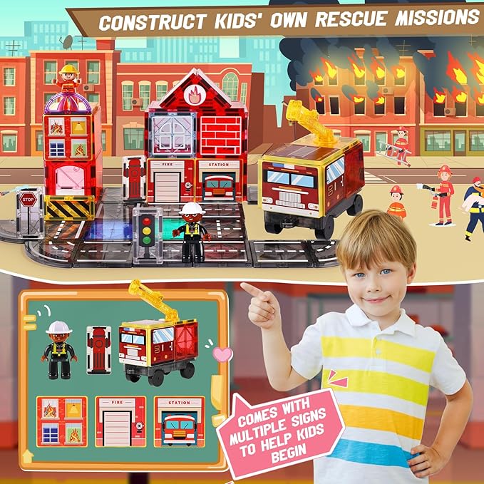 Magnetic Tiles Road Set with 2 Cranes & Double-Sided Magnet Tiles,Boys Toys for Ages 3-5 5-7 8-12,STEM Magnetic Building Construction Toys Include Car,Stations,Dolls,Roads,Signs,Gifts for 3+ Kids