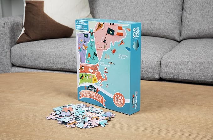 Geotoys New England Region Jigsaw Puzzle - 250 Piece Puzzle for Kids - Jigsaw Puzzles for Kids Ages 8-12 Years Old - Geography Puzzles with Colorful Landmarks, United States Flag and More