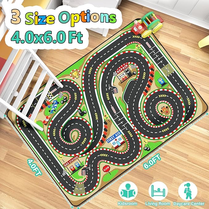 Kids Rug, Race Track Playmat Rugs, Realistic 3D Cascading Surround Route, 4x6 Ft Kids Rug for Playroom, Great for Playing with Cars and Toys, Non-Slip Car Carpet