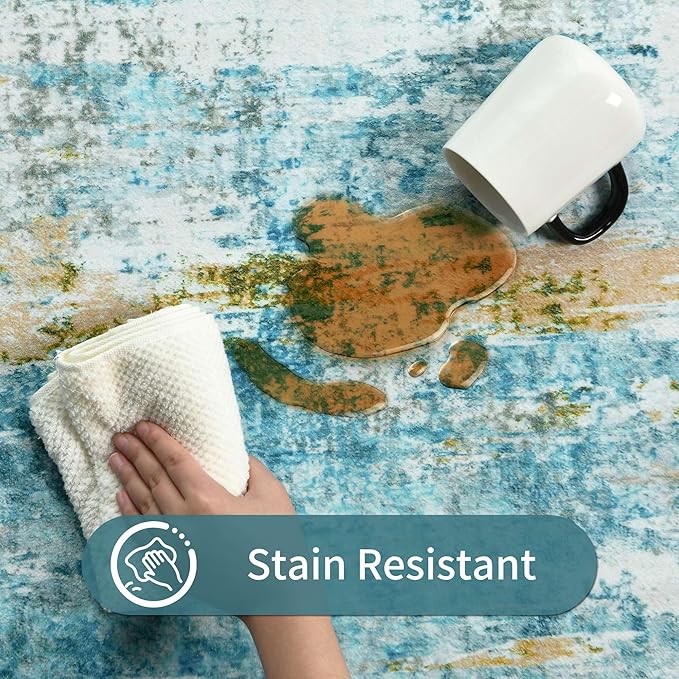 Entryway Rug 3x5 Teal Blue Bedroom Area Rug Washable Non Slip Abstract Boho Rugs for Indoor Entry, Kitchen, Classroom, Bathroom, Kids Girls Room, Office, College Dorm Small Carpet