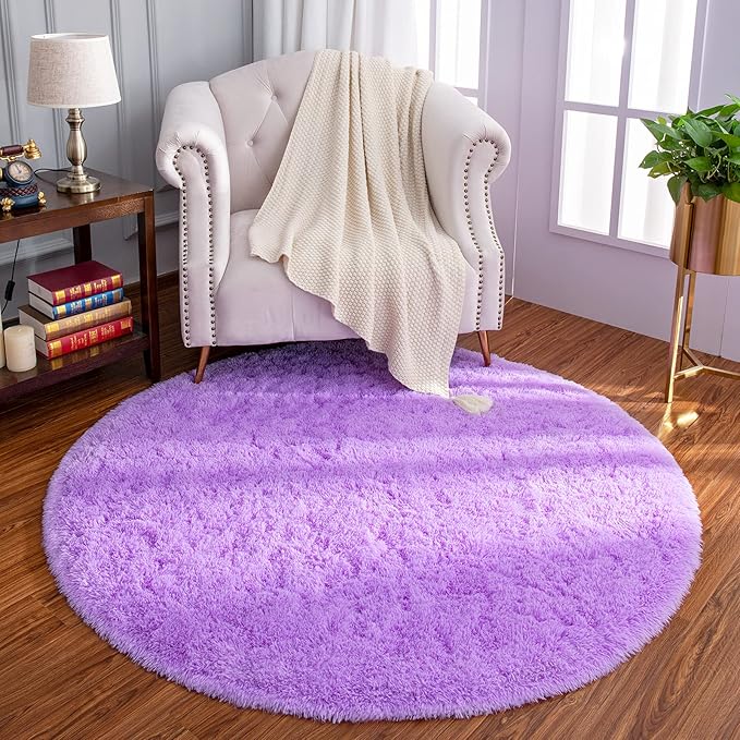 LOCHAS Luxury Round Fluffy Area Rugs for Bedroom Kids Girls Room Nursery, Super Soft Circle Rug, Cute Shaggy Carpet for Children Living Room, 4x4 Feet Purple