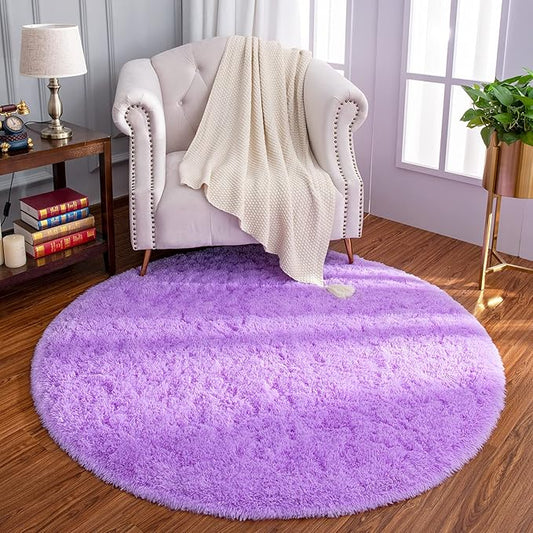 LOCHAS Luxury Round Fluffy Area Rugs for Bedroom Kids Girls Room Nursery, Super Soft Circle Rug, Cute Shaggy Carpet for Children Living Room, 4x4 Feet Purple