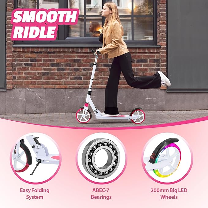 Scooter for Kids Ages 8+ Teens & Adults, Lightweight Kick Scooter with Carry Strap Adjustable Height Equipped with Front handbrake and Rear Brake, Big Sturdy PU Flash Wheels Great Gift & Toy