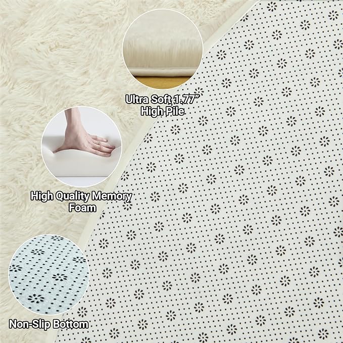 LOCHAS Luxury Round Fluffy Area Rugs for Bedroom Kids Girls Room Nursery, Super Soft Circle Rug, Cute Shaggy Carpet for Children Living Room, 5x5 Feet Cream