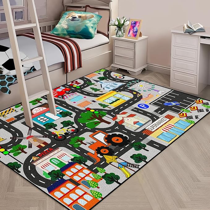 Kids Carpet for Bedroom - Car Rug for Kids 2.5x4 Feet, Educational Traffic Carpet Town City Road Map Rug, Children Carpet for Playroom Bedroom Boys, Car Mats for Children Playroom Classroom