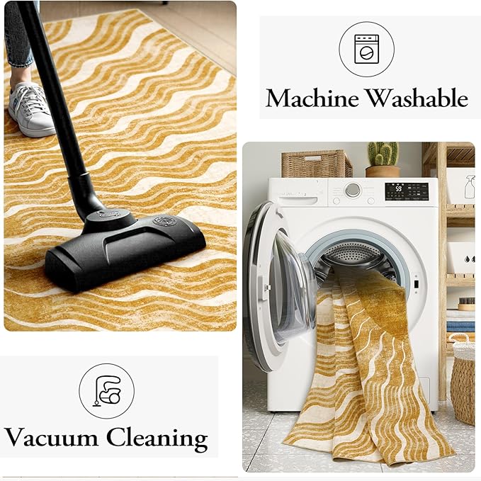 Boho Machine Washable Rug 6x9, Sun Print Soft 6x9 Nursery Rug for Bedroom, Ultra-Thin Non Slip Kids Large Carpet for Living Room Classroom Playroom Office(6'x9',Gold/Multi)