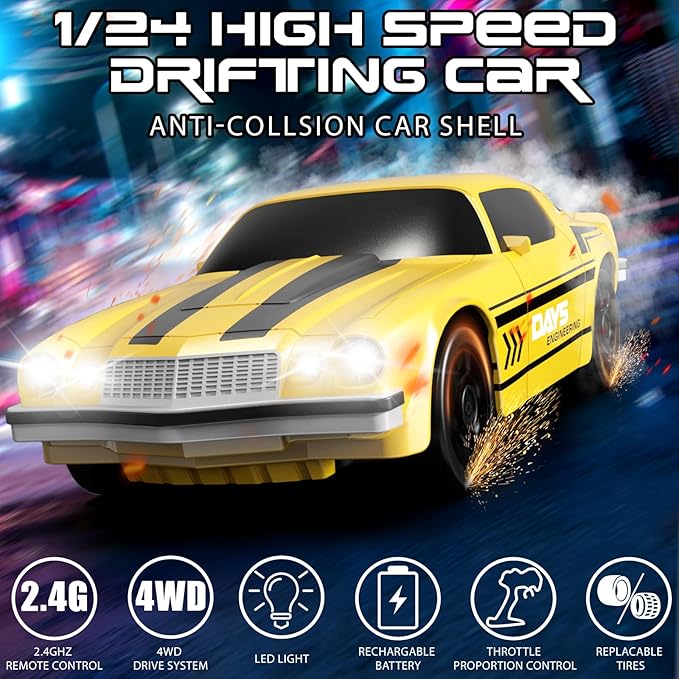 Remote Control Car, 1/24 Scale RC Drift Car, 4WD 15KM/H High Speed RC Cars, Racing Sport Toy Car with LED Lights, Racing Tire, Birthday for Kids Boys Girls, Rechargeable Battery