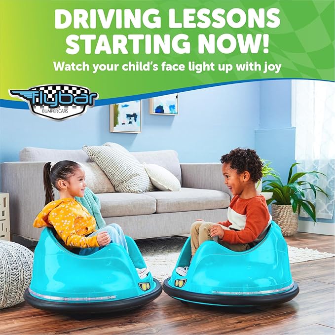 Flybar FunPark 6V Bumper Car – 360° Electric Ride-On Toy with LED Lights, Safety Seat Belt, Soft Bumpers – Indoor & Outdoor Bumper Car for Kids Ages 1.5-4 Years, Supports Up to 66 lbs (No Remote)