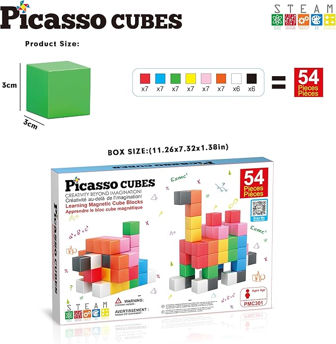 PicassoTiles Magnet Cube Building Blocks 1.2" 3CM Magnetic Cubes Toy Construction Building Educational Sensory Toys with Idea Booklet for School & Preschool Kids Boys Girls Toddlers PMC301