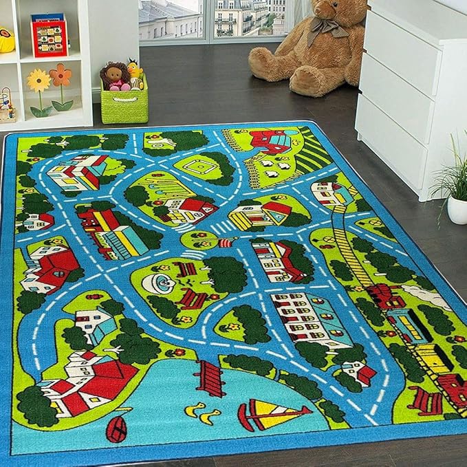 Mybecca Street map Sky Blue Light Kids Rug Play Mat for Floor 5'x7' (Approx:4'11" X 6' 10") Non-Slip Gel Backing (59" x 82") Children Area Rug