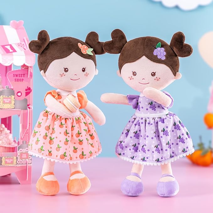 Onetoo Baby Soft Dolls Girls First Baby Doll Sleeping Cuddle Buddy Dolls Plush Rag Doll for Girls Wear Orang Dress 14"