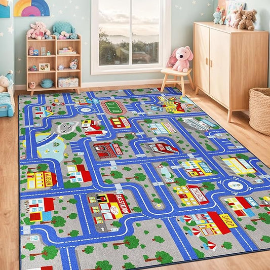 Educational Road Traffic Carpet Kids Carpet Playmat Car Rug Fun City Life Map Kids Car Rug Non Slip Play Carpet for Children Playroom Bedroom Classroom Decor (Blue, 6'6''x9'8'')