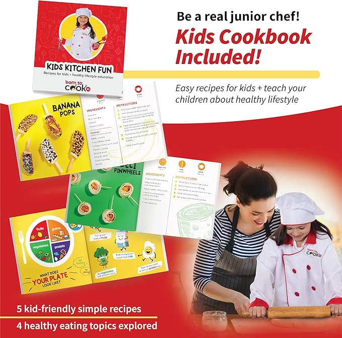 Born Toys Chef Costume for Kids w/ Kids Chef Hat Includes Kids Kitchen Accessories Set Fun Recipe Book - Cooking Set for Kids Costume Washable and Dress Up & Pretend Play for Boys & Girls Ages 3-7