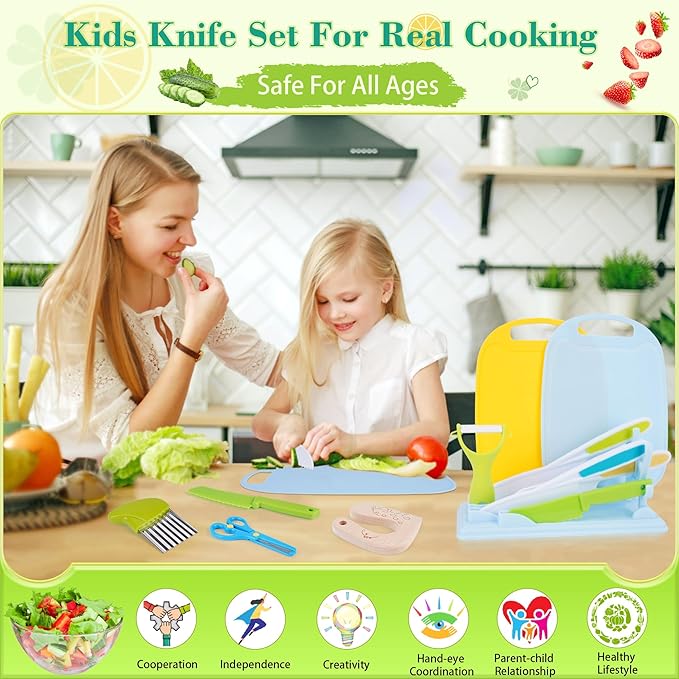 FCSONU 24 Pcs Montessori Kitchen Toys for Toddlers, Kids Kitchen Knife Set with Holder, Kids Cooking Sets Real with Knife Block & Plastic Kid Safe Knives Set & Cutting Board, Boy Girls Birthday Gifts