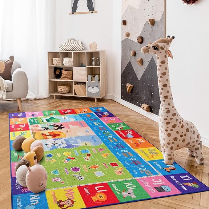 ABC Kids Rug for Playroom, 3x5 Washable Classroom Area Rugs, Toddler Educational Play Mat with Alphabet Numbers Seasons Shapes, Learning Fun for Preschool Children, Colorful
