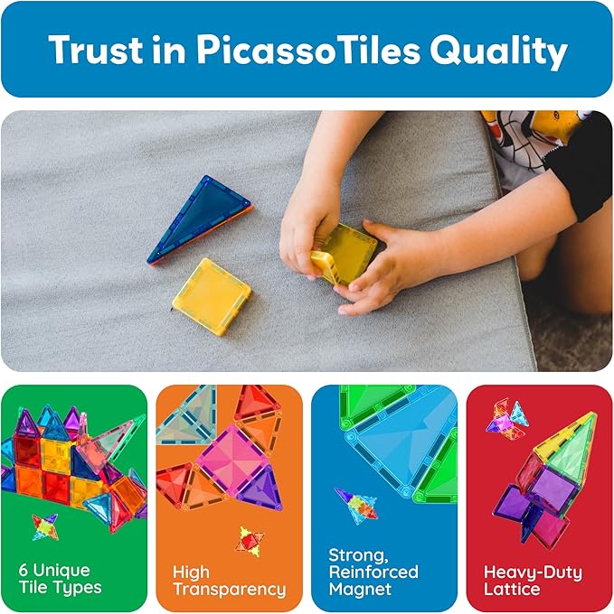 PicassoTiles 80 Pieces Magnetic Building Tiles Magnet Toys Diamond Educational Playset for STEM Sensory Gifts Kid Brain Development Stacking Blocks Construction Set