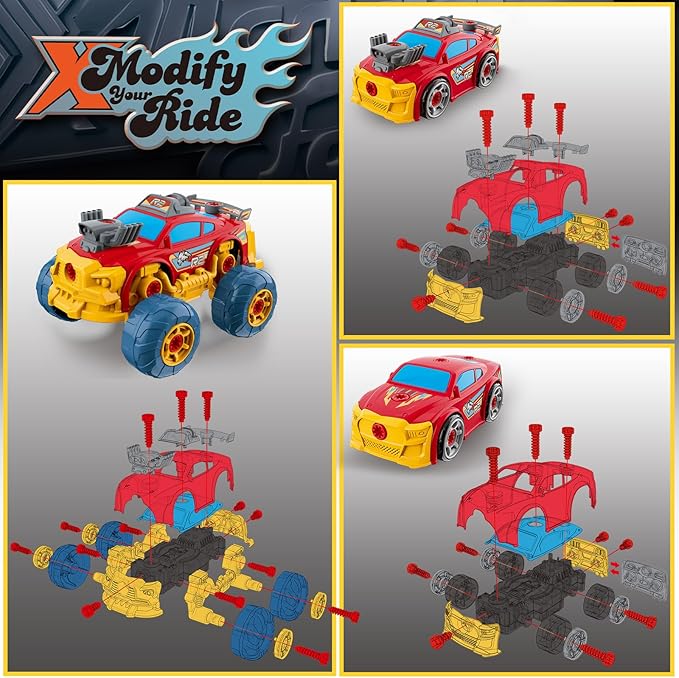 Pup Go 3-in-1 Take Apart Car for Boys with Electric Drill, 46Pcs Construction Toy Truck, Build Your Own Toy Car with Play Tools, Ideal STEM Gift for Kids Children Ages 3 4 5 6 7 8 9 Year Old Red