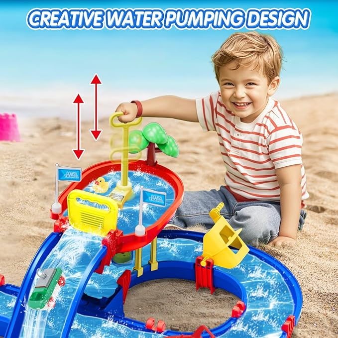 2-Tier Water Table Toys for Kids,61PCS Water Park Playset with Pump,Summer Water Toys Waterways for Backyard Beach Pool Lawn,Outdoor Toy for Toddlers 3-5 4-8, Gifts for Boys Girls