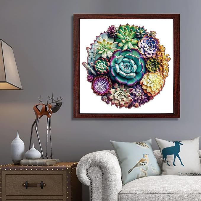 Unique Wooden Jigsaw Puzzles - Mandala Succulent Plants, 500 Pcs King Size 16.9'' x 16.3'', Luxurious Shaped Wood Puzzle, Beautiful Package, Best Gift for Adults and Kids, Family Game