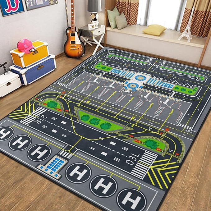 Kids Rug, Aircraft Runway Traffic System Playmat Rugs - 5x7 Ft Kids Carpet with Rubber Backing, Airplane Tarmac Airport Play Mat Great for Bedroom Playroom - Non-Slip Have Fun Safe Nursery Rug