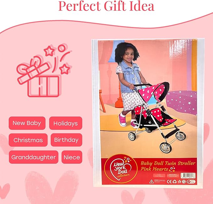 My First Doll Twin Stroller - Cutest Heart Design Doll Twins Stroller - Great Toy Gift for Girls