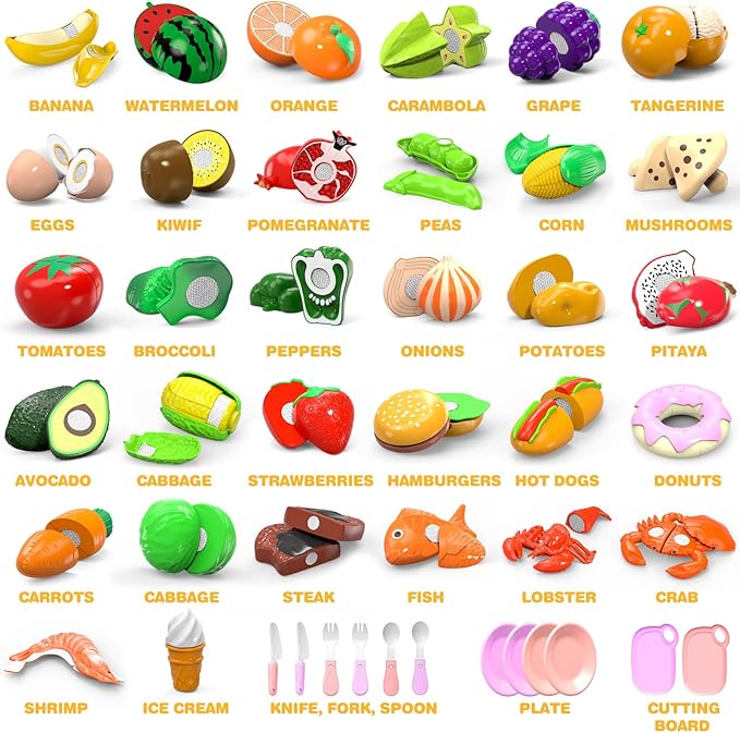 94 Pcs Cutting Play Food Set for Kid Kitchen (45 Items), Pretend Play Food with Shopping Basket, Fake Food Accessories with Fruit Vegetable Toy for Toddler, Educational Gift for Little Girl Birthday
