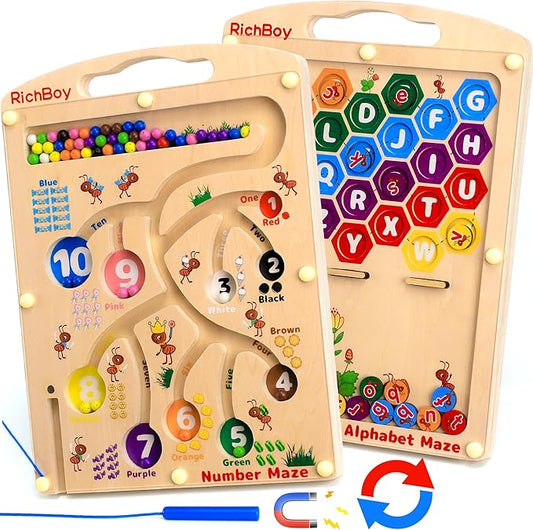 RichBoy Magnetic Maze for 3-5 Year Old, 2-in-1 Magnetic Color and Number Maze, Double-Sided Wooden Busy Board Fine Motor Skills Montessori Toys, Portable Travel Puzzle Game Toddlers Toys