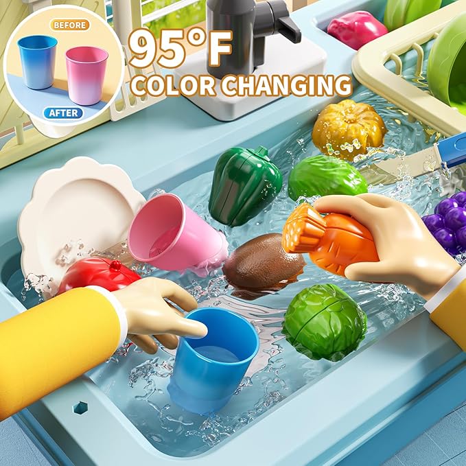 Play Sink with Running Water, Play Kitchen Toys Sink for Kids 3 4 5 6 7 Years Old, Electrical Dishwasher, Color Changing Kitchen Accessories, Dishes Games, Gifts for Toddlers 3-5