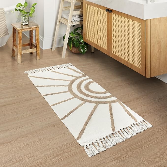 Ojia Boho Bathroom Runner - 2'X4.3', Handwoven Washable Tan Kitchen Rug with Tassels, Bohemian Cotton Accent Throw for Entryway/Floor Carpet
