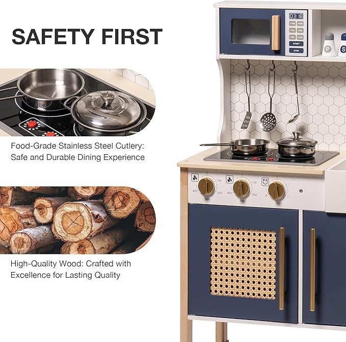 ROBOTIME Wooden Play Kitchen, Kids & Toddlers Kitchen Playset, Kids Play Kitchen Pretend Play Set with Lights & Sounds, Toy Kitchen for Ages 3+ (Blue)