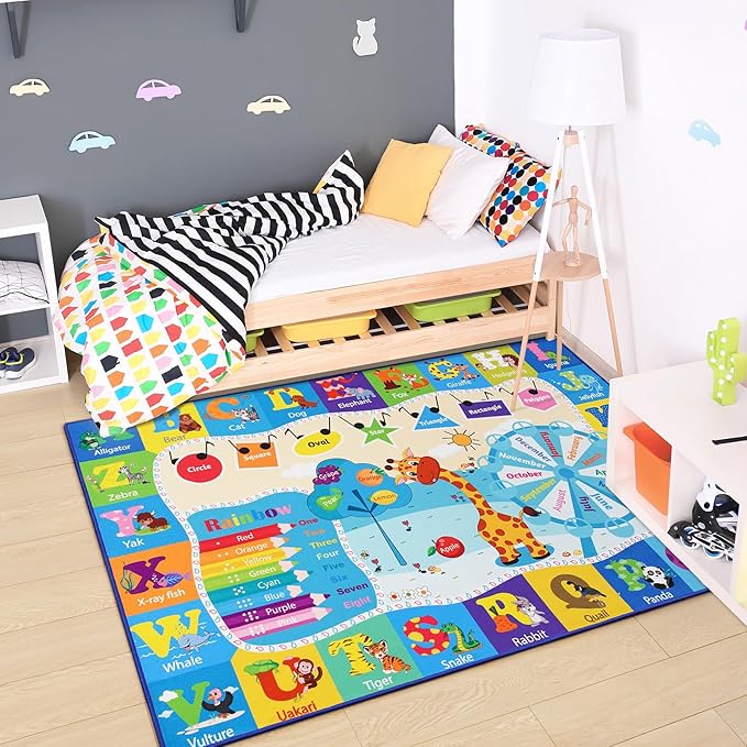 Chicrug Educational Kid Area Rug for Playroom, 7x10 Feet TPR Non Slip Kids Classroom Carpet Rug for Learning ABC Animal,Shape Color Fruit, Washable Play Mat Rug for Children Nursery Toddler Room Decor