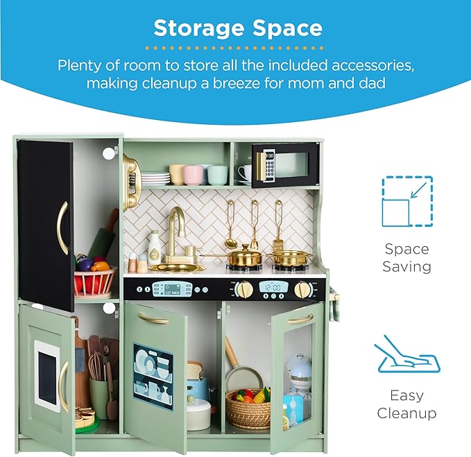 Best Choice Products Pretend Play Kitchen Wooden Toy Set for Kids w/Realistic Design, Telephone, Utensils, Oven, Microwave, Sink - Sage