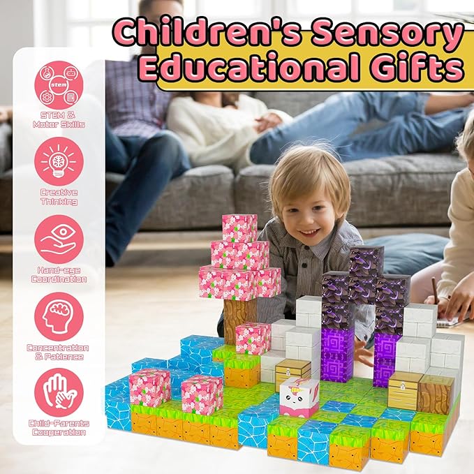 Magnetic Blocks - 120PCS Toy Build Set, Magnetic Building Blocks STEM Sensory Toys, Creative Kids Gift for 3+ Year Old Boys Girls (Cherry Blossom)