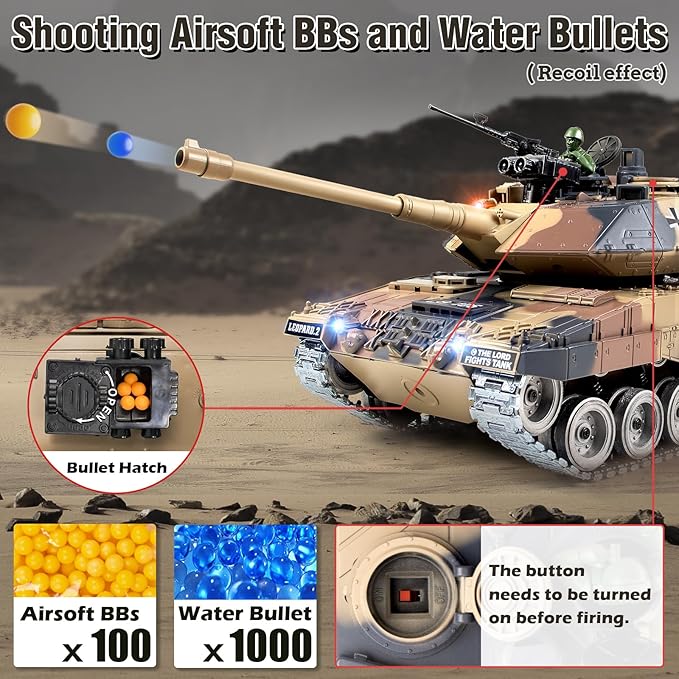 1:18 RC Tank, 2.4Ghz Metal German Leopard II Remote Control Model Toy That Shoots BBS and Water Bombs, RC Military Vehicle for Adults and Kids, Army Toy Tank with Smoke, Sound, Recoil, Lights