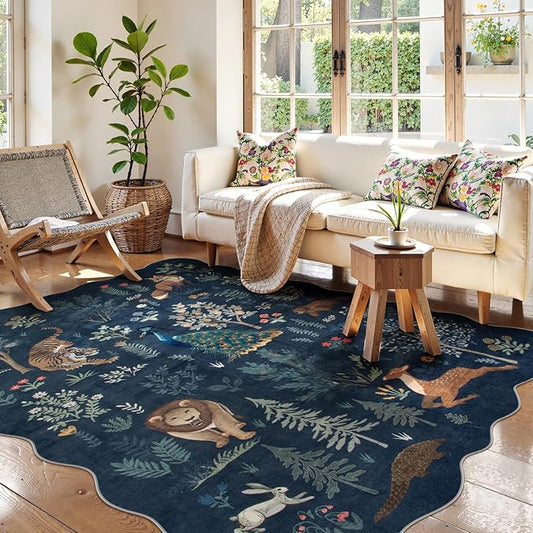 Lahome Jungle 5x7 Blue Area Rug, Soft Kids Rug for Bedroom Ultra-Thin Washable Playroom Rugs, Non Slip Animal Print Carpet Rug for Living Room Neutral Nursery Classroom (Blue, 5'x7')