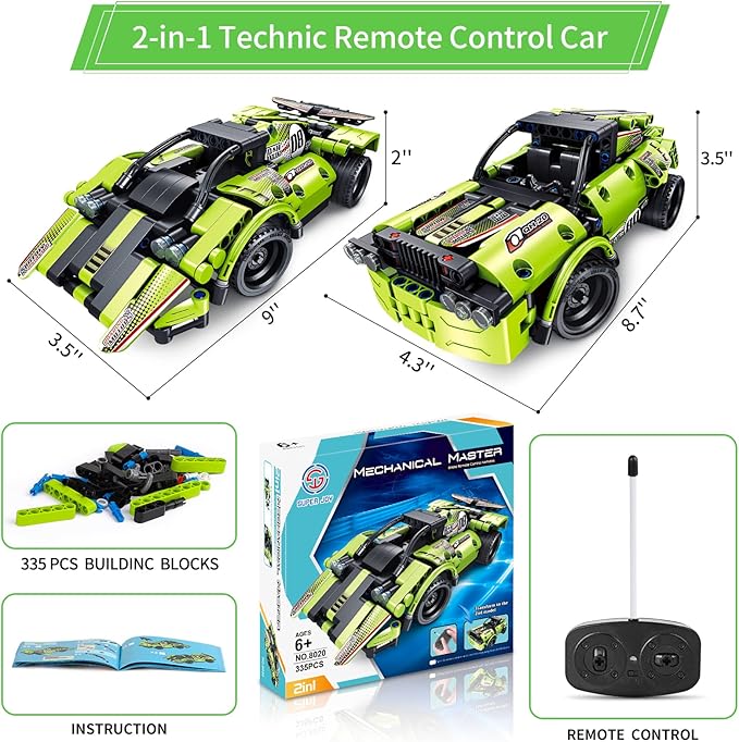 STEM Building Toys for Kids, 335 Piece Building Kit 2 in 1 Remote Control Racing Car Snap Together Engineering Kits Early Learning Racecar Building Blocks Best Gift for 6＋Year Old Boys and Girls