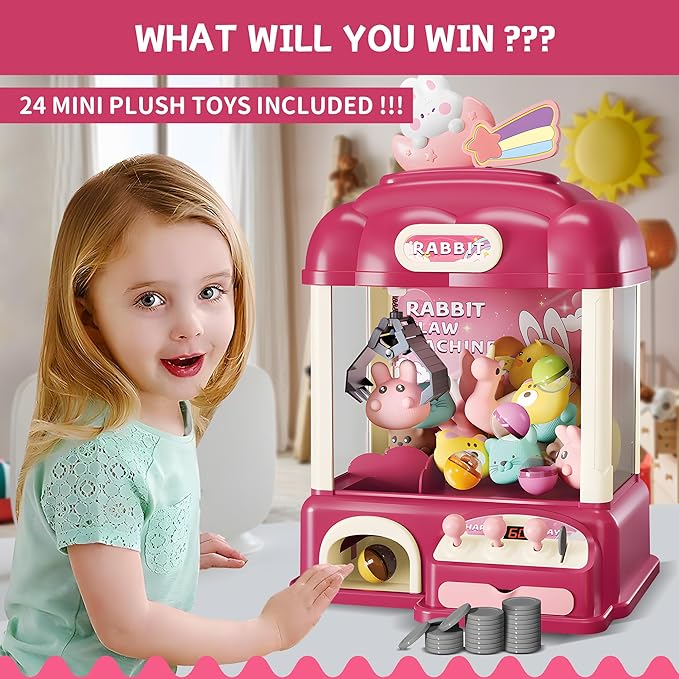 Kids Claw Machine with Toys Inside, Vending Machine Lights & Sound, Electronic Mini Claw Game for Boys & Girls, Birthday & Party Gift, Includes 25 Plush Toys, Surprise Eggs & USB Cable